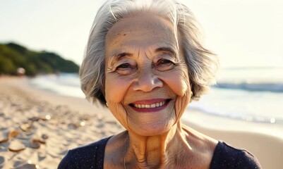 Poster - Portrait of happy senior asian woman smiling at camera on the beach