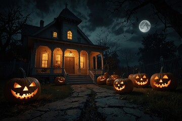 Wall Mural - Halloween scene horror background with creepy pumpkins of spooky halloween haunted mansion Evil houseat night with full moon