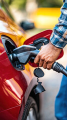 A man is filling up a red car with gas. The car is a hybrid and the man is using a plug-in to charge it