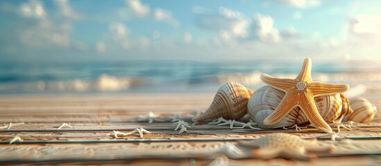 Canvas Print - Table with sea shells or starfish on it perfect for a text message with a copy space image for summer vibes