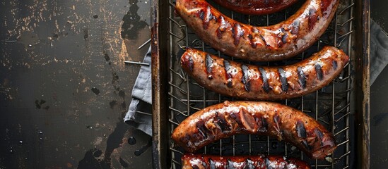 Sticker - Top down view of grilled Bratwurst and Chorizo sausages on a metal tray against a black backdrop with copy space image available