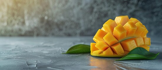 Wall Mural - A ripe mango sliced and diced displayed on a gray table with a leaf for eating creating a visually appealing copy space image