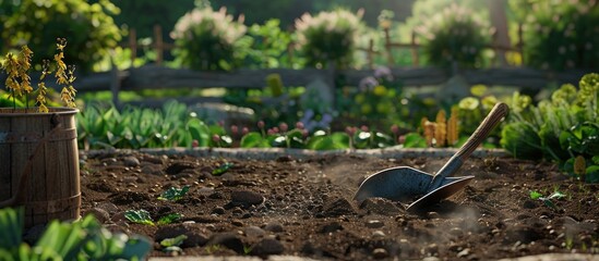 Poster - a garden bed in a farm setting displays soil texture with a shovel and copy space image symbolizing 