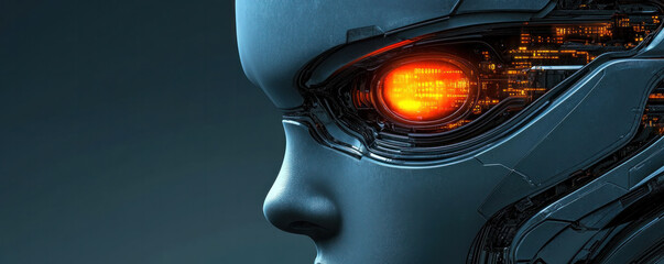 Poster - A woman's face with a glowing eye and a black and silver background. The image is of a futuristic woman with a glowing eye