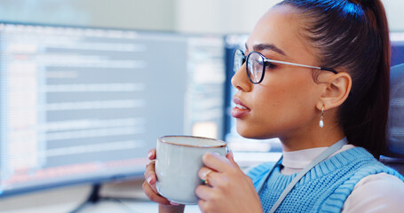 Aufkleber - Coding, woman or coffee with computer for software development, reading information and system update. Professional, app programming and cyber security with IT database for analysis or script testing