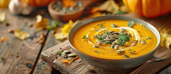 Poster - Creamy pumpkin and carrot soup garnished with seeds and fresh herbs a cozy and comforting meal Provide a link to the copy space image