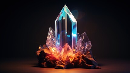 Wall Mural - A glowing crystal shard on a rock formation with a dark background