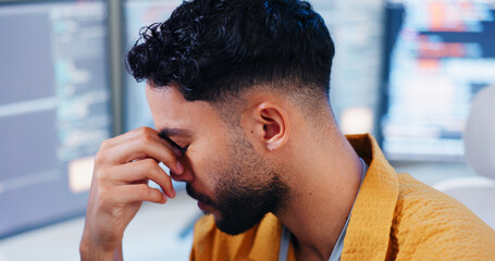 Aufkleber - Man, stress and headache by computer in office for programming software, fatigue and burnout of code glitch. Tired, male programmer and migraine with pc for it update error, brain fog and deadline
