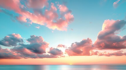 Wall Mural - A serene sky setting with dynamic clouds, a beautiful horizon, and the soft colors of sunrise, inviting viewers to experience the tranquil and atmospheric beauty of the sky.