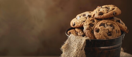 Wall Mural - Photograph of delicious chocolate chip cookies in a bucket with jute against a blank copy space image