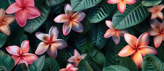 Canvas Print - A close up image of blooming pink plumeria flowers with a green leaves background is available as a copy space image