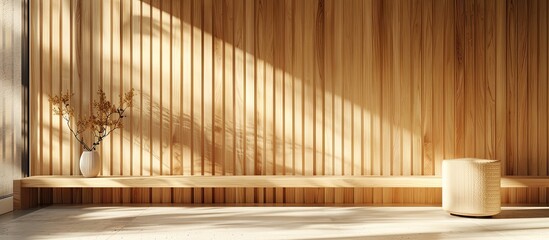 A stylish room showcasing chic wooden paneling on a light background with ample space for a copy space image featuring elegant vertical boards in light brown hues High quality photograph