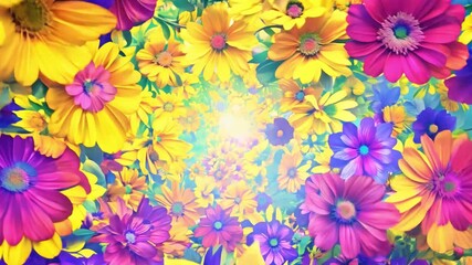 Poster - This swirl of bright, colorful flowers encircles a luminous center against a blue backdrop.