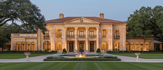 Luxurious mansion with grand architecture, lush green lawn, and beautiful exterior lighting in a serene setting during twilight.