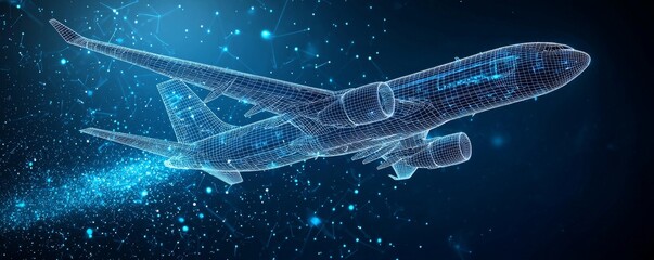 Poster - Wireframe airplane in digital space showcasing futuristic aviation technology