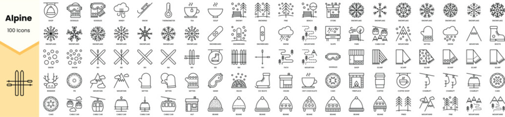 Set of alpine icons. Simple line art style icons pack. Vector illustration