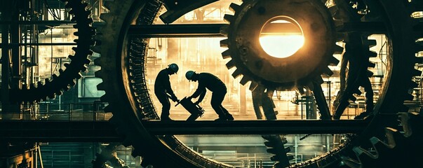 Wall Mural - Two industrial workers are repairing large gears inside a factory at sunset