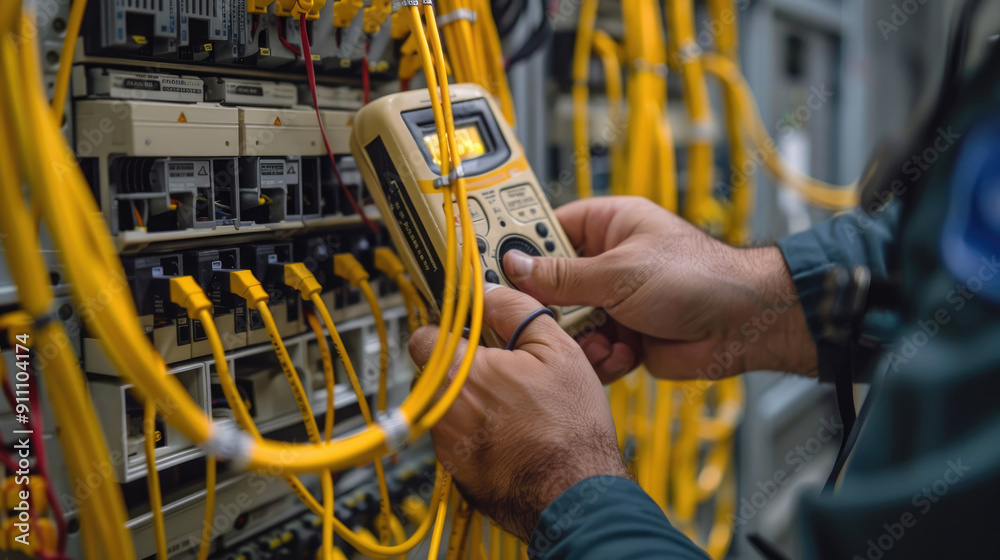 An electrician using a digital multimeter on wires in an electrical ...