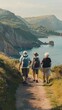 © Denisa - Three older adults stroll along a coastal trail with stunning ocean views during sunset