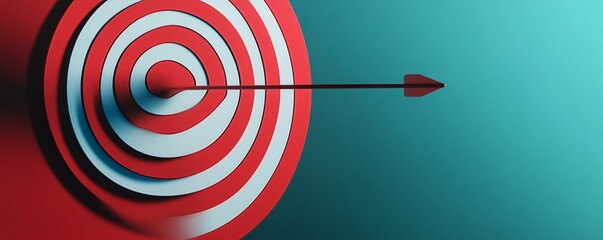 Wall Mural - Stylized target with red and white rings is being struck by a red arrow against a blue background