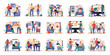 © Andrey - Mega set of different concepts with people scene in flat cartoon design. A massive collection of bright illustrations with various life situations on a beige background. Vector illustration.