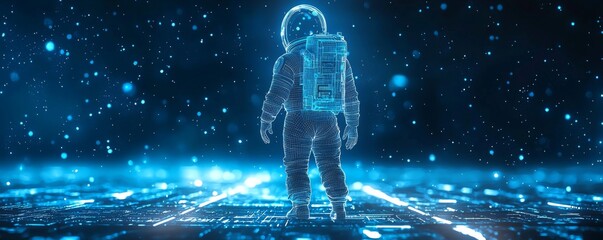 Poster - wireframe astronaut exploring futuristic digital landscape at night