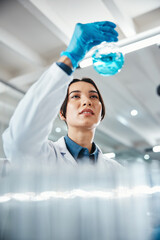 Aufkleber - Chemical, reaction and science with woman in laboratory for breakthrough, innovation or research. Beaker, pharmaceuticals and solution with scientist at work on cure, medicine or vaccine development