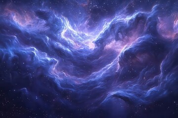 deep space nebula with swirling blue and purple cosmic clouds stars twinkling in background otherwor