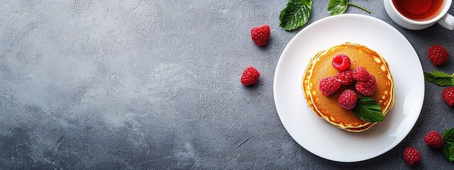 Wall Mural - pancakes with raspberries and a cup of tea. Selective focus