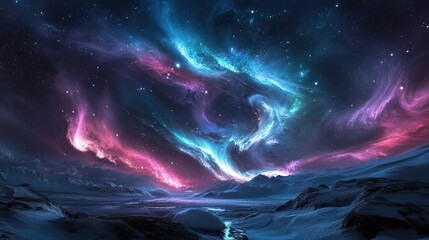 Aurora borealis in full splendor, with bright, swirling lights creating a spectacular nighttime display