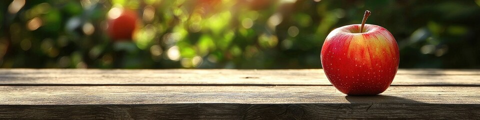 Poster - there is one apple on the table in the garden. Selective focus