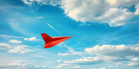 Poster - Vibrant red paper plane soaring confidently against a bright blue sky with fluffy white clouds, symbolizing courage, determination, and limitless possibilities.