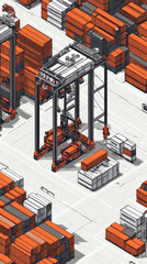 Poster - A cityscape with a crane in the middle of it. The crane is surrounded by orange and white containers
