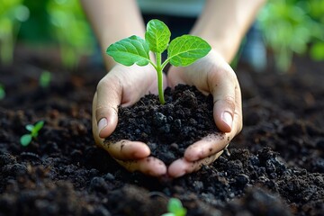 Hands Holding a Small Green Plant With Soil in a Garden