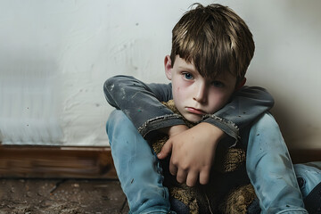 Wall Mural - Sad depressed boy with teddy bear