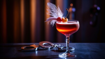 Sticker - A cocktail with a cherry and handcuffs on the table, AI