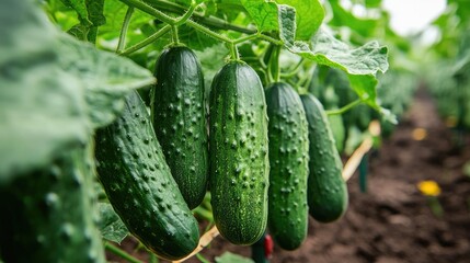 Sticker - cucumbers grow on the site. Selective focus