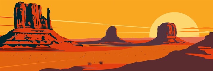 A vivid sunset over a desert terrain highlighting distinctive mesas and soft light, evoking the vastness and beauty of the region.