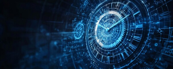 Poster - illustration of a wireframe clock with digital elements, futuristic design