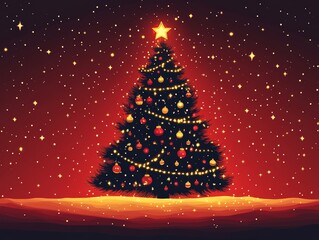 Sticker - A beautifully decorated Christmas tree glowing with lights against a festive red background, evoking holiday spirit and joy.