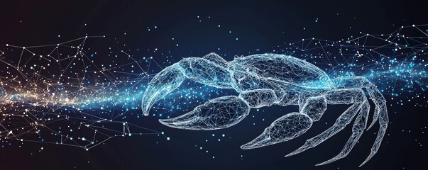 Poster - Futuristic wireframe crab with digital particles in a dark space background