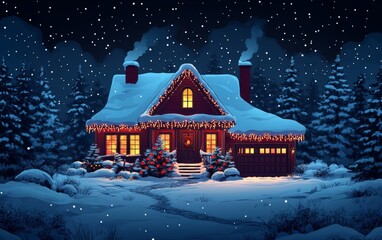 Sticker - A cozy snow-covered house illuminated with festive lights, surrounded by pine trees in a serene winter wonderland.