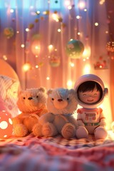 A teddy bear astronaut is sitting on a bed with two other teddy bears