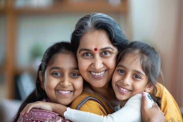 Wall Mural - A smiling elderly Indian woman affectionately holding her granddaughters 