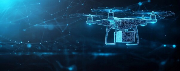 Poster - Illustration of a wireframe drone delivering a package in a digital futuristic environment