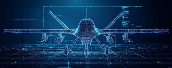Poster - Digital wireframe illustration of an advanced drone in a futuristic setting