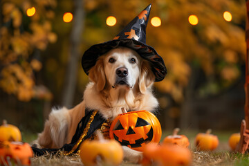 Wall Mural - funny golden retriever dog posing for halloween in a costume