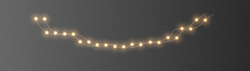 Poster - Festive Christmas gold garlands, dust, sparkle, and a star. Decorative element for greeting cards, invitations, backgrounds, business cards. Winter collection Christmas background. Light glow sparkl.