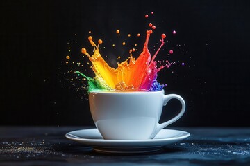 Wall Mural - surreal coffee art featuring a vibrant rainbow explosion erupting from a pristine white cup set agai