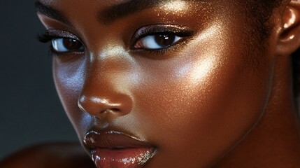 Wall Mural - Close-up of shimmering highlighter being applied to a model's cheekbone, emphasizing the glowing and radiant effect
